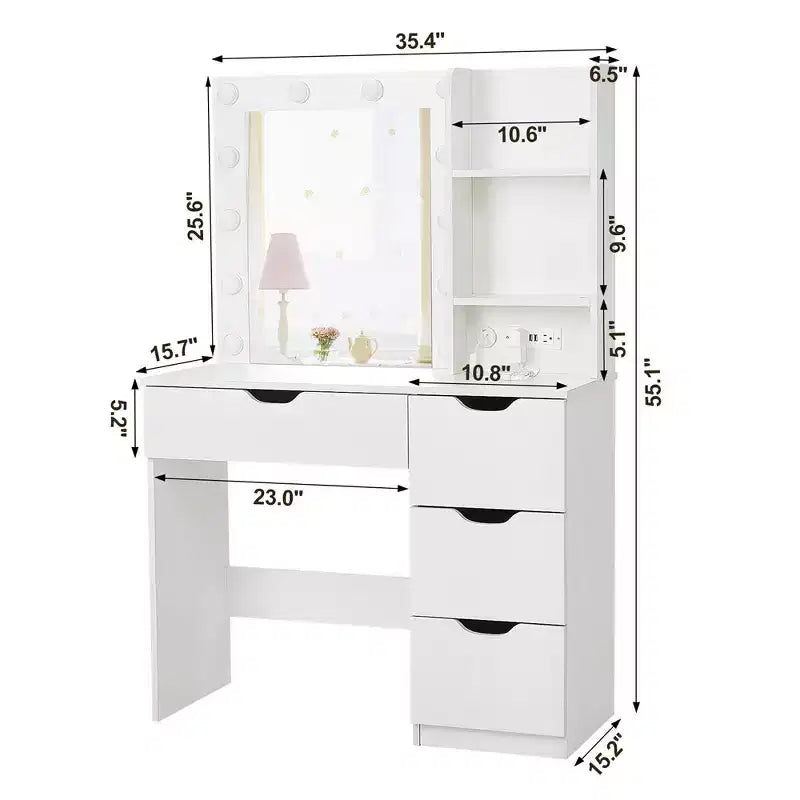 Makeup Vanity with Drawers, White Vanity Desk with Mirror and Lights in 3 Colors 12 LED