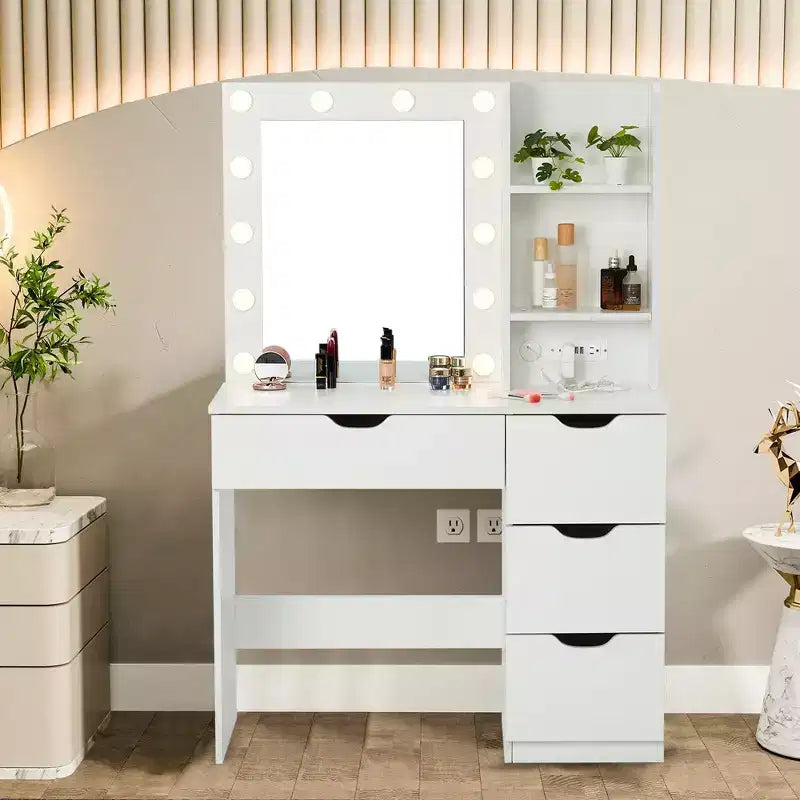 Makeup Vanity with Drawers, White Vanity Desk with Mirror and Lights in 3 Colors 12 LED