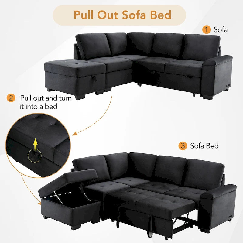 Divano sezionale a L a 5 posti con funzione letto, con pouf contenitore, vano contenitore nel bracciolo e ricarica USB per soggiorno, 84,75 pollici