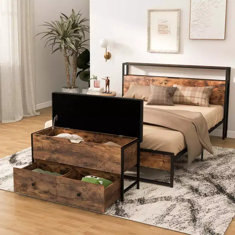Costway Storage Ottoman Bench Flip Top Wooden Storage Chest with Cushion & 2 Drawers