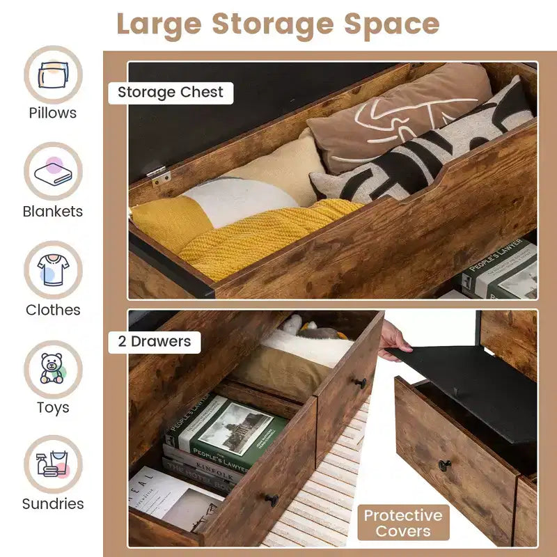 Costway Storage Ottoman Bench Flip Top Wooden Storage Chest with Cushion & 2 Drawers