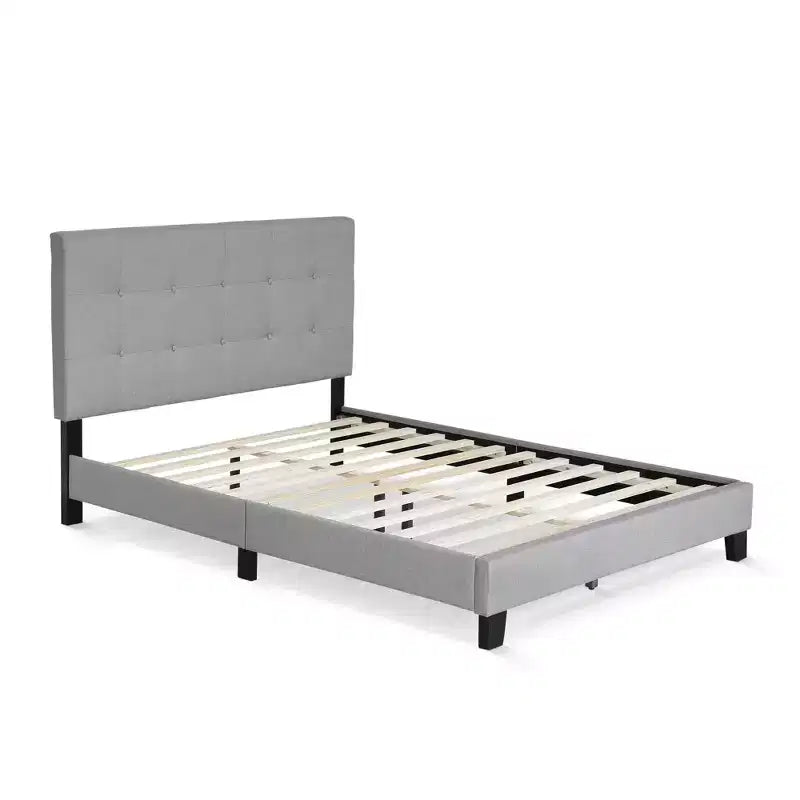 Furinno Full/Queen Size Upholstered Bed Frame Button Tufted Headboard Bedframe 12PC Slat Mattress Foundation,Gray