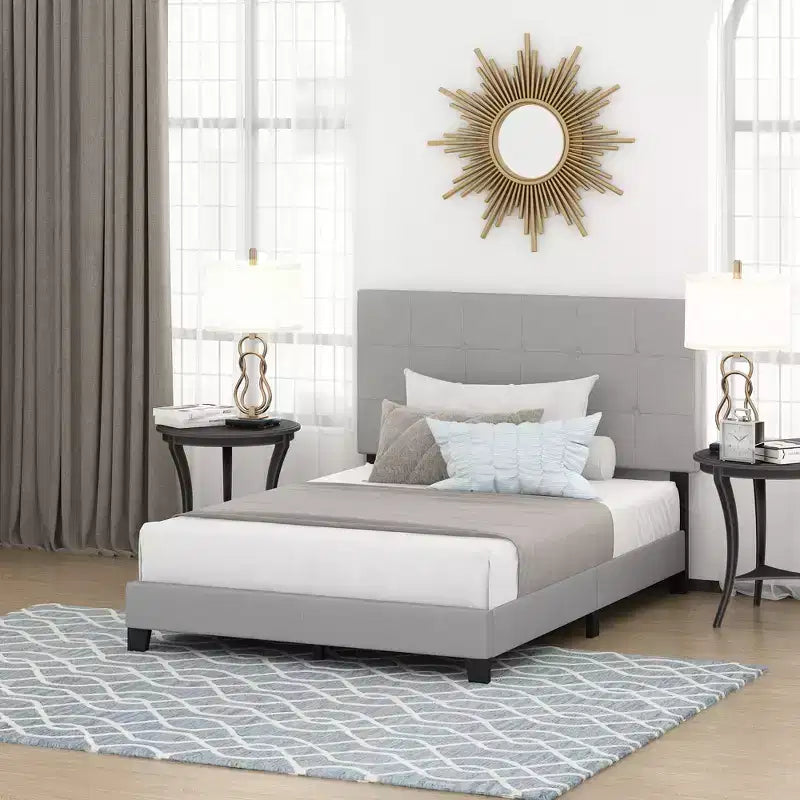 Furinno Full/Queen Size Upholstered Bed Frame Button Tufted Headboard Bedframe 12PC Slat Mattress Foundation,Gray