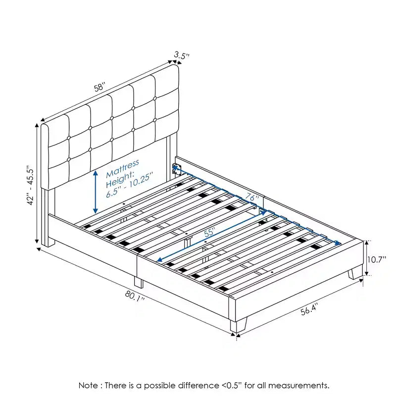 Furinno Full/Queen Size Upholstered Bed Frame Button Tufted Headboard Bedframe 12PC Slat Mattress Foundation,Gray