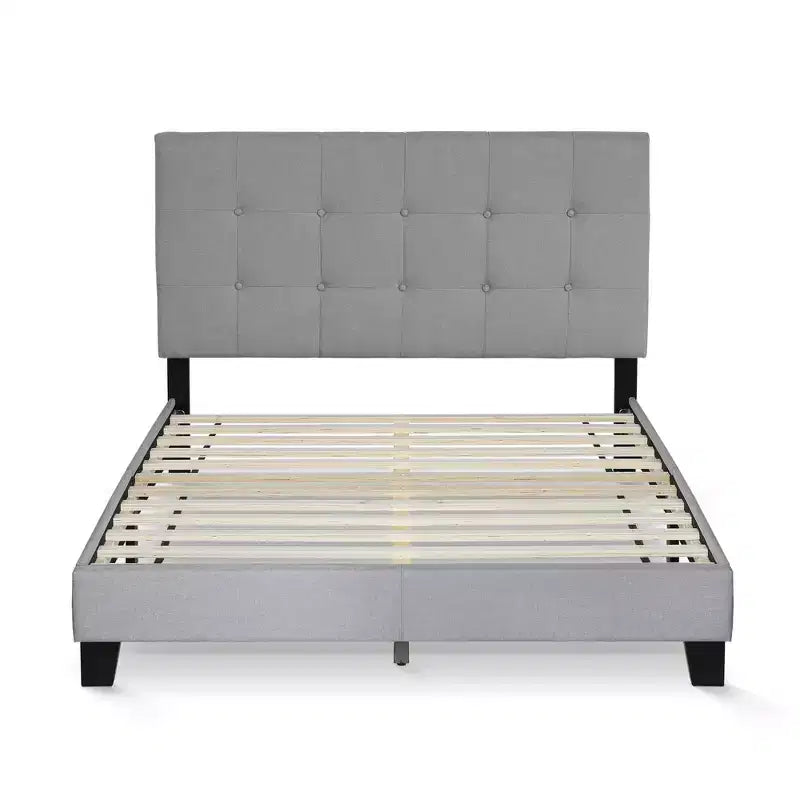 Furinno Full/Queen Size Upholstered Bed Frame Button Tufted Headboard Bedframe 12PC Slat Mattress Foundation,Gray