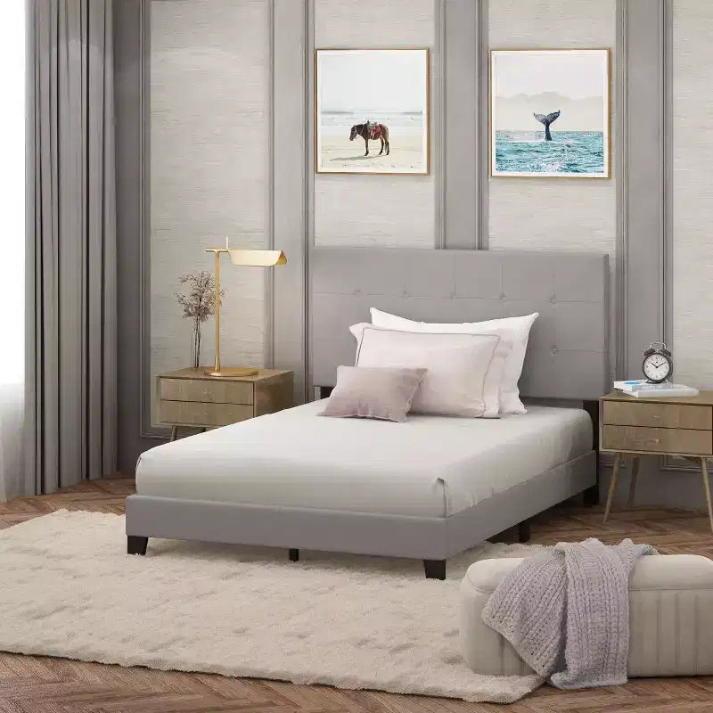 Furinno Full/Queen Size Upholstered Bed Frame Button Tufted Headboard Bedframe 12PC Slat Mattress Foundation,Gray
