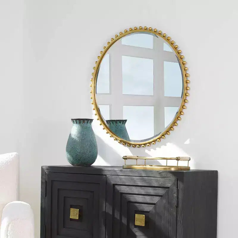 Uttermost Round Vanity Decorative Wall Mirror Modern Beveled Gold Leaf Iron Frame 32 Wide for Bathroom Bedroom Living Room Home