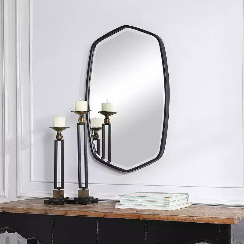 Uttermost Vanity Accent Wall Mirror Modern Beveled Satin Black Iron Metal Frame 22 1/4 Wide for Bathroom Bedroom Living Room Home