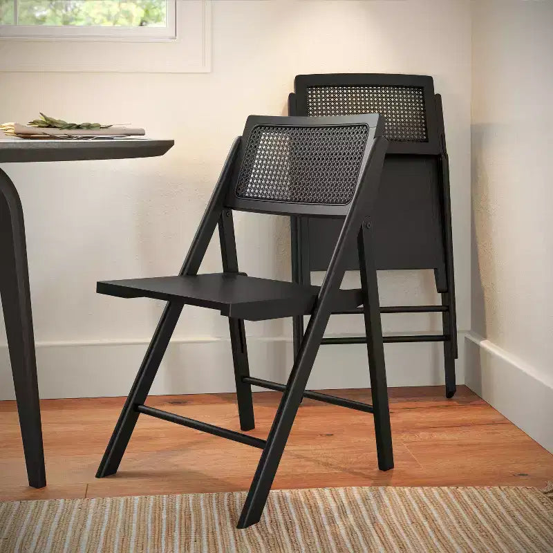 Flash Furniture Galene Set of 2 Cane Rattan Folding Chairs with Solid Wood Frame and Seat and Ventilated Back, Perfect for Events or Additional Seating