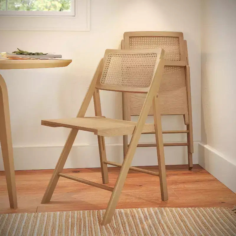Flash Furniture Galene Set of 2 Cane Rattan Folding Chairs with Solid Wood Frame and Seat and Ventilated Back, Perfect for Events or Additional Seating