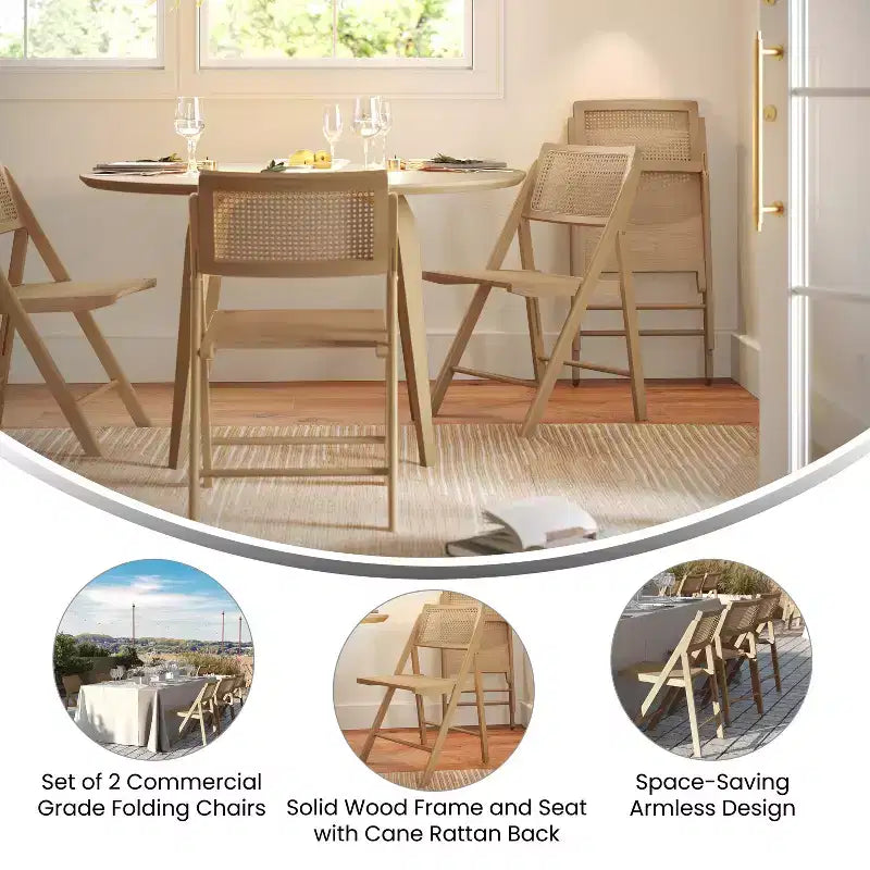 Flash Furniture Galene Set of 2 Cane Rattan Folding Chairs with Solid Wood Frame and Seat and Ventilated Back, Perfect for Events or Additional Seating