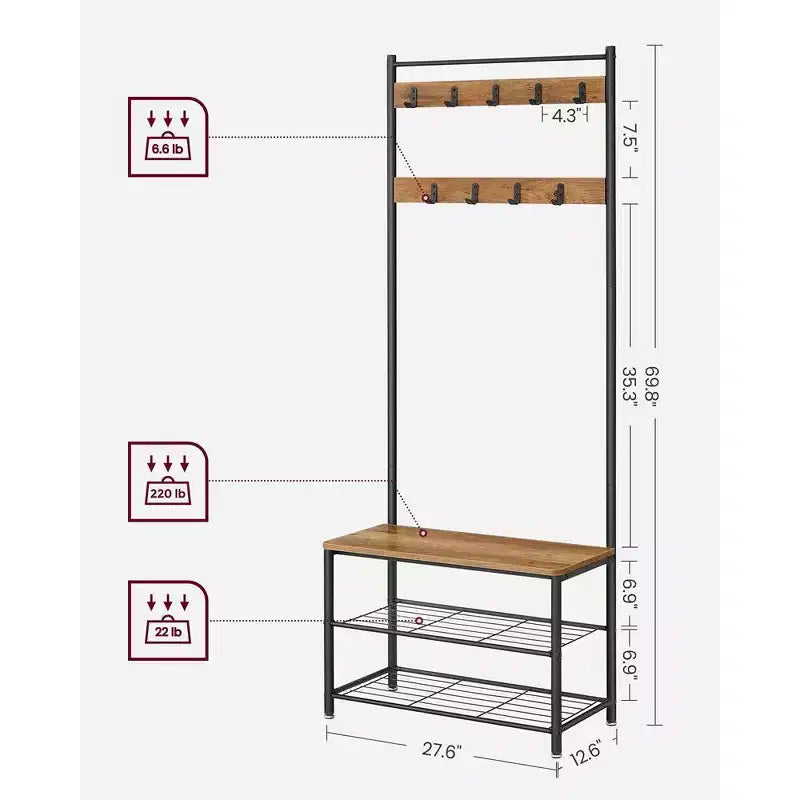 VASAGLE Guardaroba da ingresso con appendiabiti e scarpiera, stile rustico, noce e nero