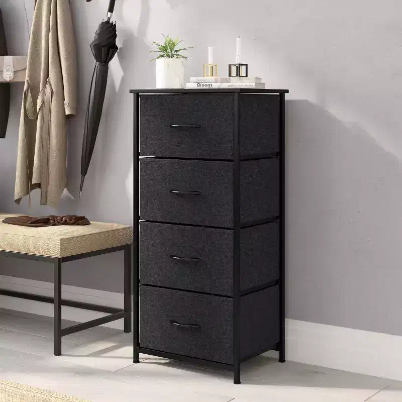 Emma and Oliver 4 Drawer Storage Dresser with Cast Iron Frame, Wood Top and Easy Pull Fabric Drawers with Wooden Handles