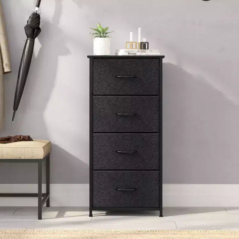 Emma and Oliver 4 Drawer Storage Dresser with Cast Iron Frame, Wood Top and Easy Pull Fabric Drawers with Wooden Handles