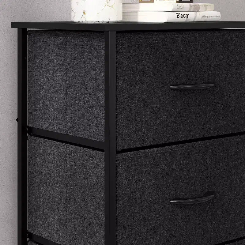 Emma and Oliver 4 Drawer Storage Dresser with Cast Iron Frame, Wood Top and Easy Pull Fabric Drawers with Wooden Handles