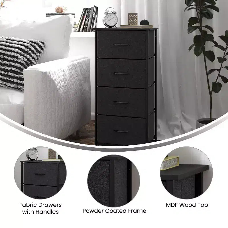 Emma and Oliver 4 Drawer Storage Dresser with Cast Iron Frame, Wood Top and Easy Pull Fabric Drawers with Wooden Handles