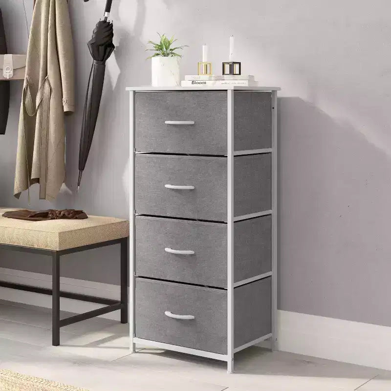 Emma and Oliver 4 Drawer Storage Dresser with Cast Iron Frame, Wood Top and Easy Pull Fabric Drawers with Wooden Handles