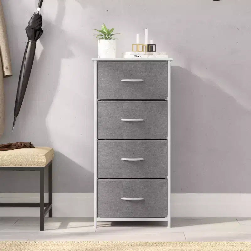 Emma and Oliver 4 Drawer Storage Dresser with Cast Iron Frame, Wood Top and Easy Pull Fabric Drawers with Wooden Handles