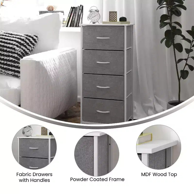 Emma and Oliver 4 Drawer Storage Dresser with Cast Iron Frame, Wood Top and Easy Pull Fabric Drawers with Wooden Handles