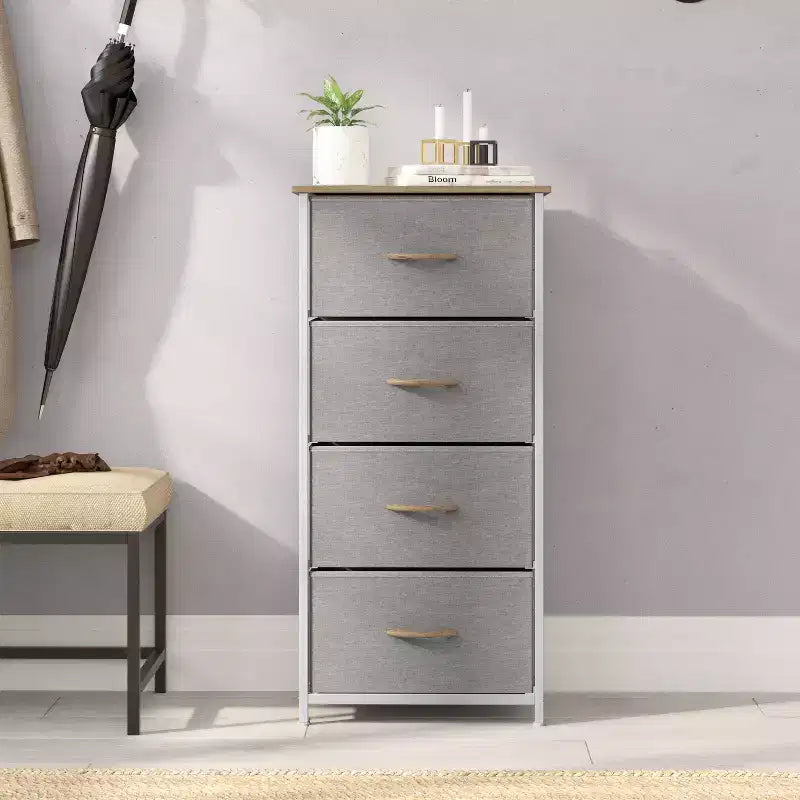 Emma and Oliver 4 Drawer Storage Dresser with Cast Iron Frame, Wood Top and Easy Pull Fabric Drawers with Wooden Handles