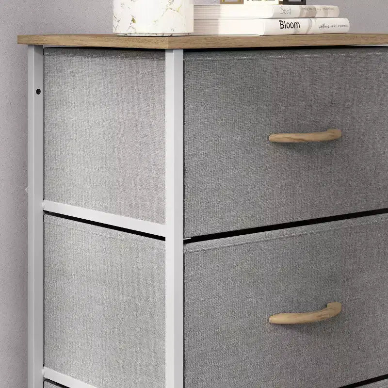 Emma and Oliver 4 Drawer Storage Dresser with Cast Iron Frame, Wood Top and Easy Pull Fabric Drawers with Wooden Handles