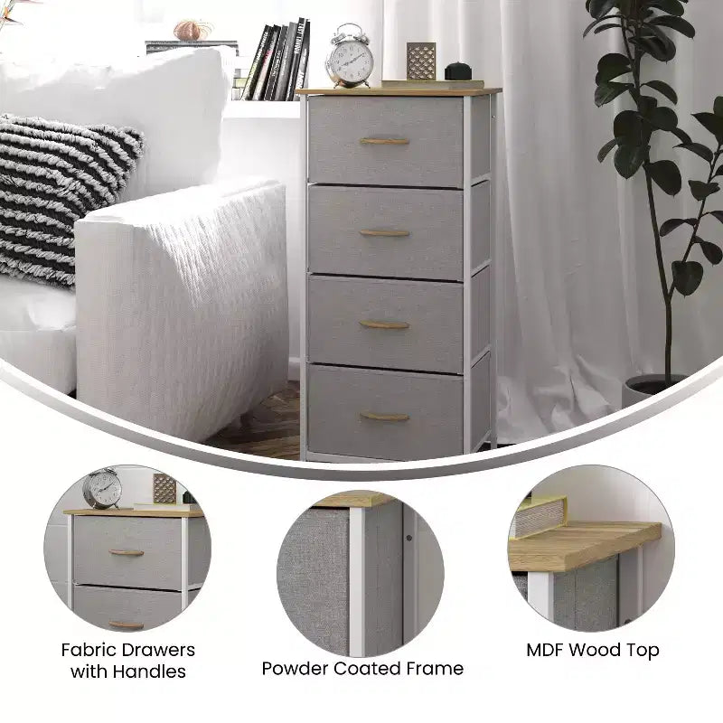 Emma and Oliver 4 Drawer Storage Dresser with Cast Iron Frame, Wood Top and Easy Pull Fabric Drawers with Wooden Handles