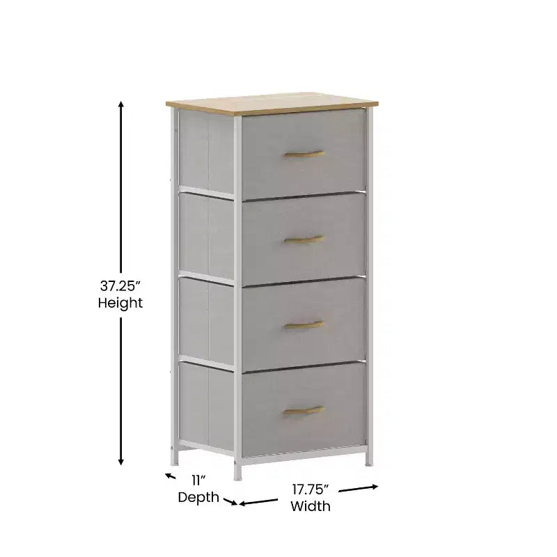 Emma and Oliver 4 Drawer Storage Dresser with Cast Iron Frame, Wood Top and Easy Pull Fabric Drawers with Wooden Handles