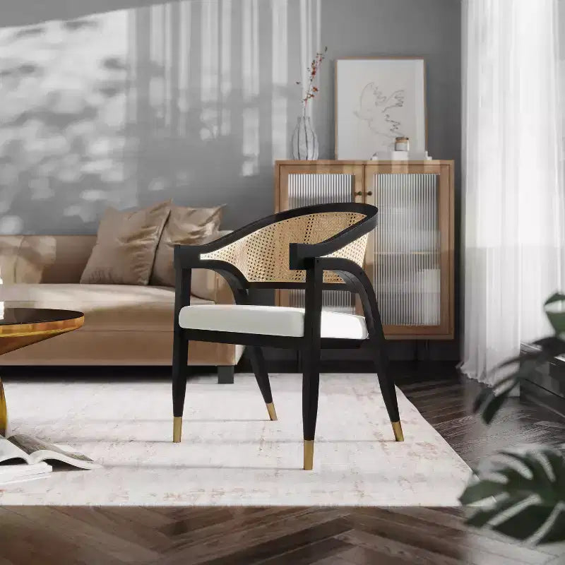 Emma and Oliver Cane Rattan Dining or Accent Chair with Solid Wood Frame, Woven Backrest and Cushioned Seat