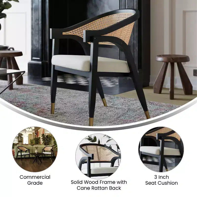 Emma and Oliver Cane Rattan Dining or Accent Chair with Solid Wood Frame, Woven Backrest and Cushioned Seat