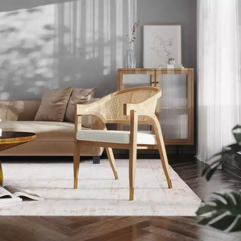 Emma and Oliver Cane Rattan Dining or Accent Chair with Solid Wood Frame, Woven Backrest and Cushioned Seat