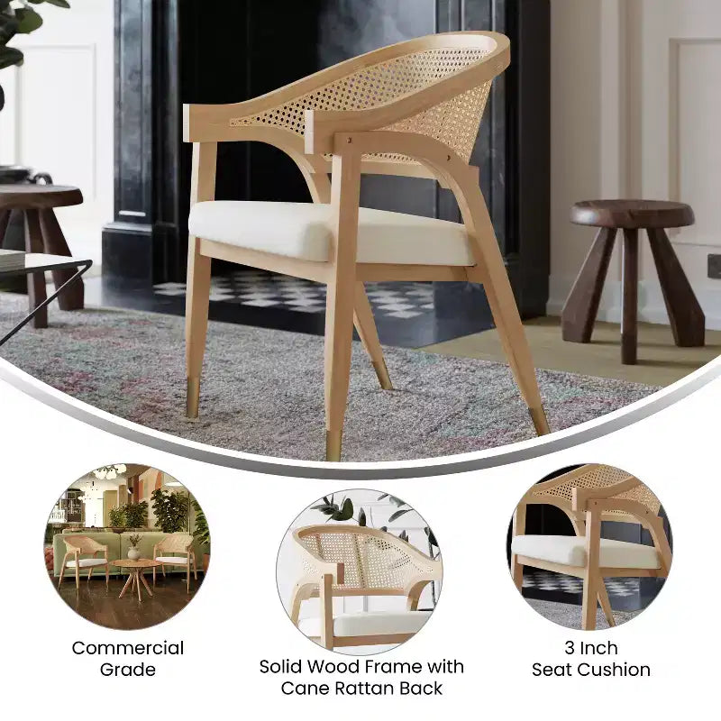 Emma and Oliver Cane Rattan Dining or Accent Chair with Solid Wood Frame, Woven Backrest and Cushioned Seat