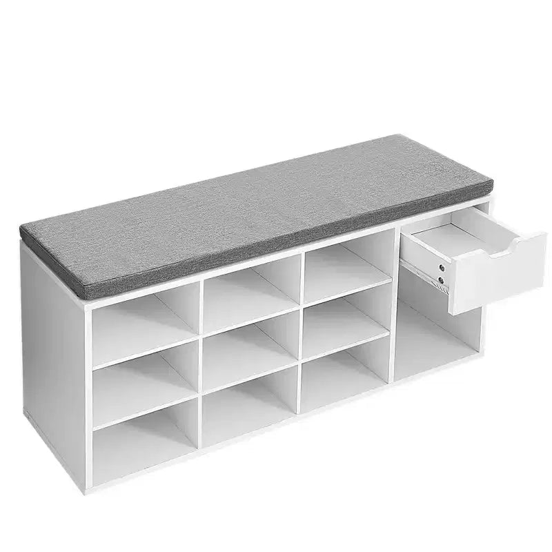 Storage Bench with Cushion, Drawer, and Open Compartments Organize Shoes and Essentials with Ease