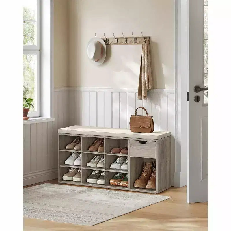 Storage Bench with Cushion, Drawer, and Open Compartments Organize Shoes and Essentials with Ease