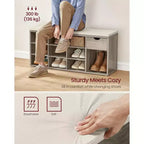 Storage Bench with Cushion, Drawer, and Open Compartments Organize Shoes and Essentials with Ease