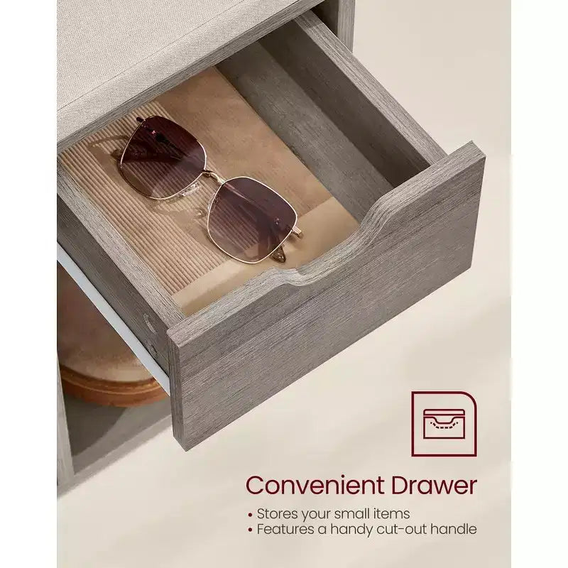 Storage Bench with Cushion, Drawer, and Open Compartments Organize Shoes and Essentials with Ease