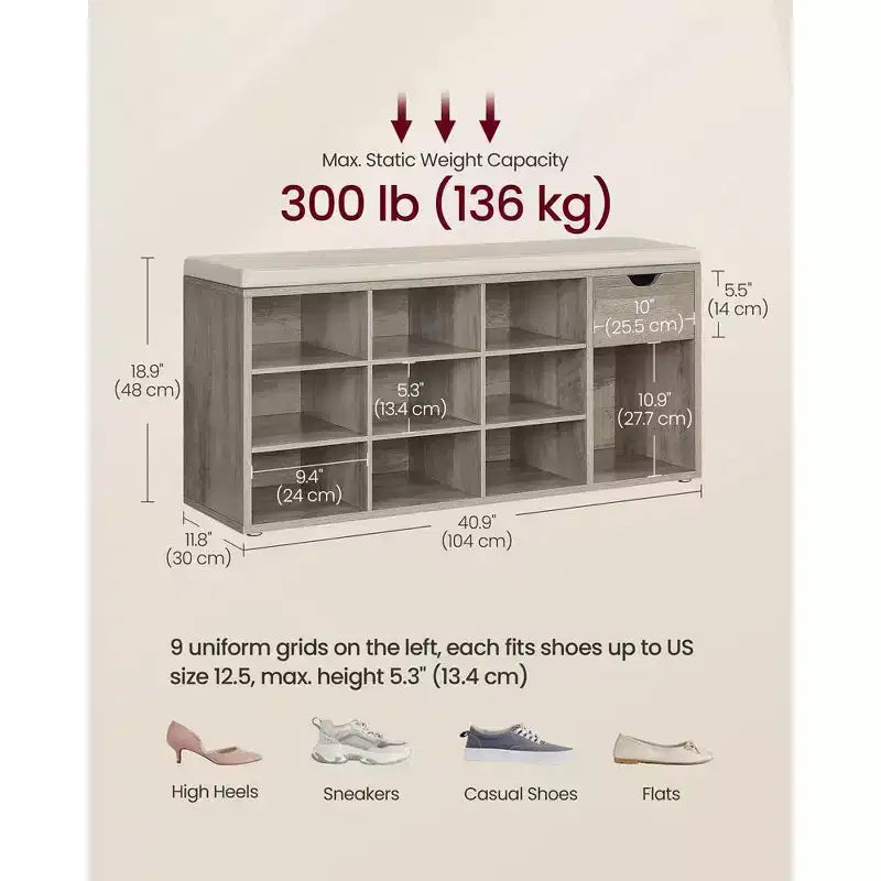 Storage Bench with Cushion, Drawer, and Open Compartments Organize Shoes and Essentials with Ease