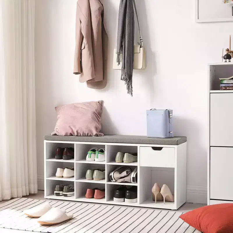 Storage Bench with Cushion, Drawer, and Open Compartments Organize Shoes and Essentials with Ease
