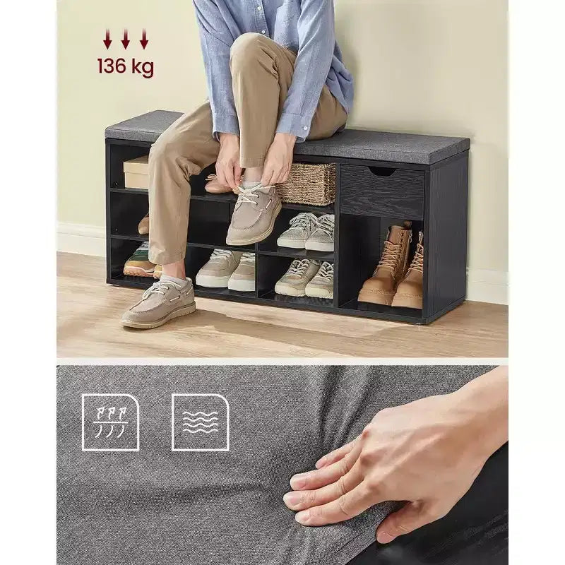 Storage Bench with Cushion, Drawer, and Open Compartments Organize Shoes and Essentials with Ease