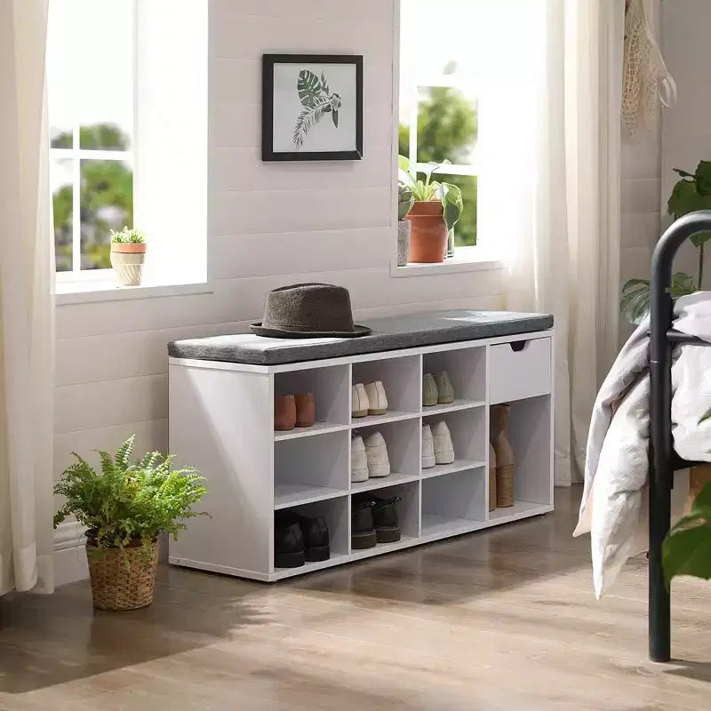 Storage Bench with Cushion, Drawer, and Open Compartments Organize Shoes and Essentials with Ease