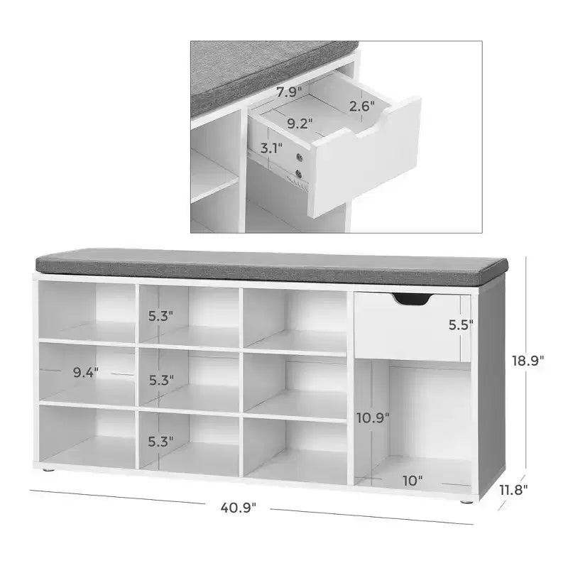 Storage Bench with Cushion, Drawer, and Open Compartments Organize Shoes and Essentials with Ease