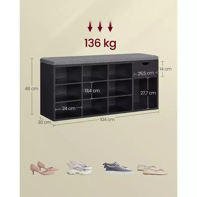 Storage Bench with Cushion, Drawer, and Open Compartments Organize Shoes and Essentials with Ease