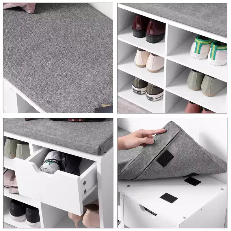 Storage Bench with Cushion, Drawer, and Open Compartments Organize Shoes and Essentials with Ease