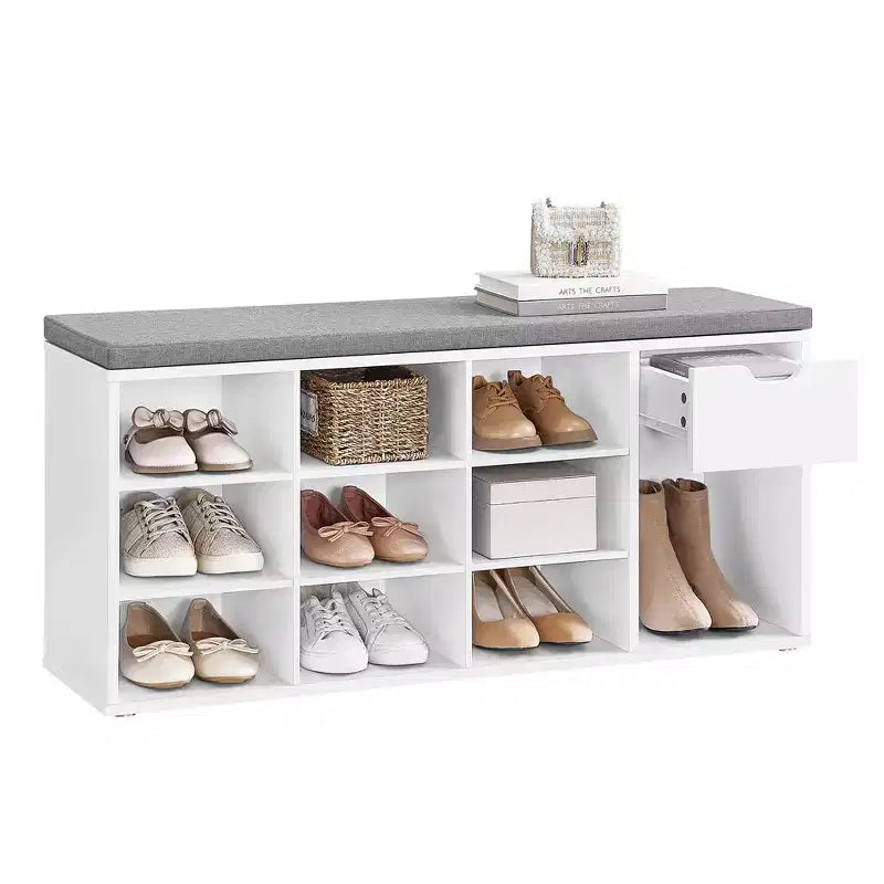 Storage Bench with Cushion, Drawer, and Open Compartments Organize Shoes and Essentials with Ease