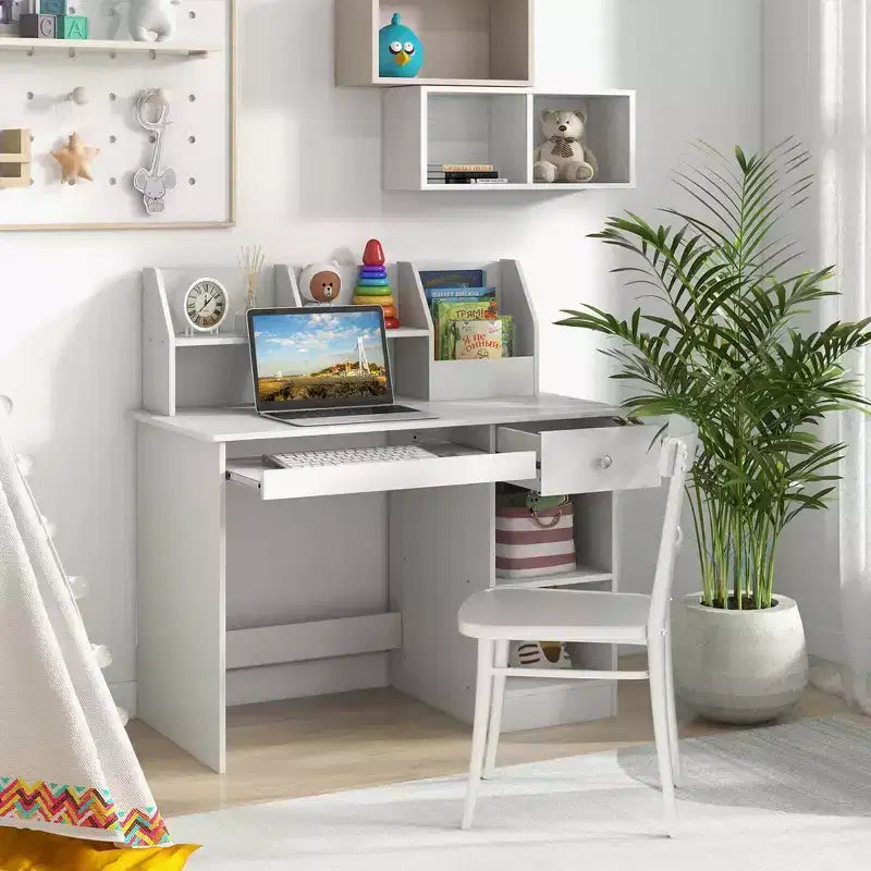 Costway Scrivania per bambini Tavolo da scrittura con cassettiera, mensole e vassoio per tastiera