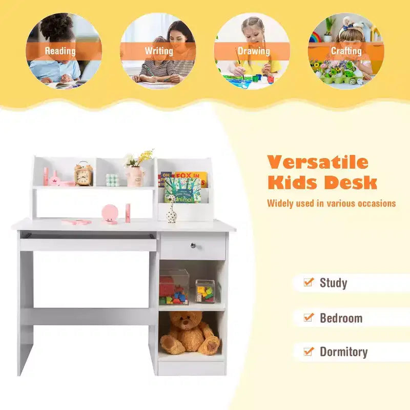 Costway Scrivania per bambini Tavolo da scrittura con cassettiera, mensole e vassoio per tastiera