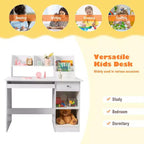 Costway Scrivania per bambini Tavolo da scrittura con cassettiera, mensole e vassoio per tastiera
