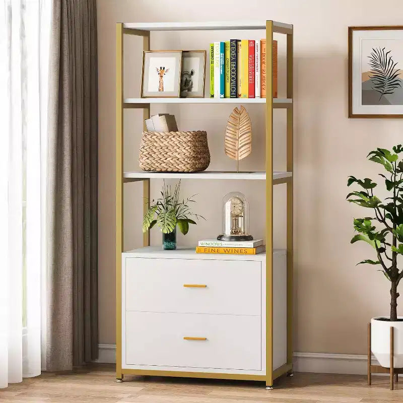 Lantine 4-Tier Bookshelf with 2 Drawers