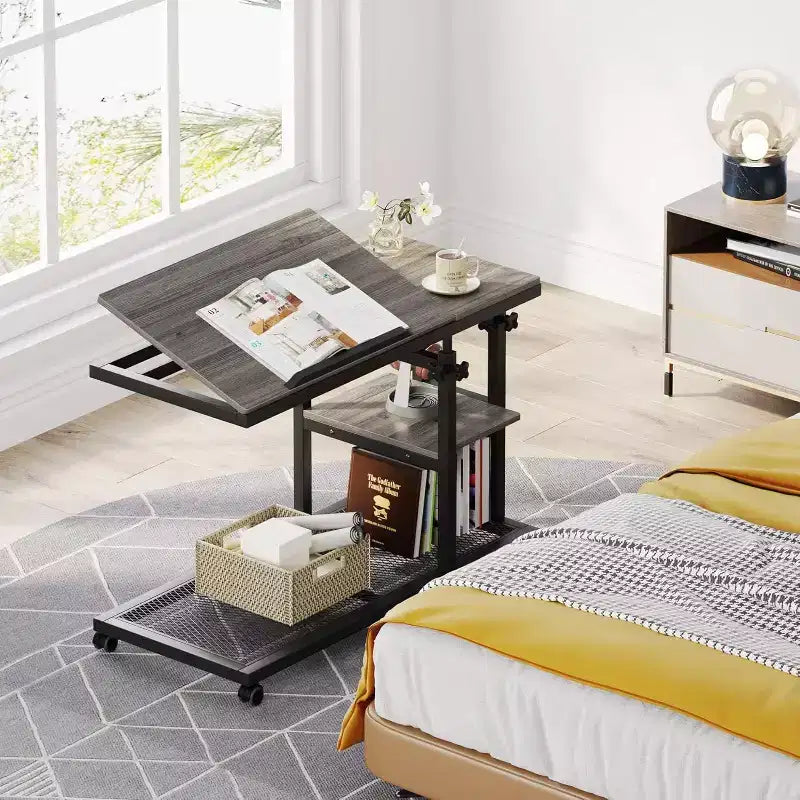 Tribesigns Height Adjustable End Table, C-Type Side Table with Wheels