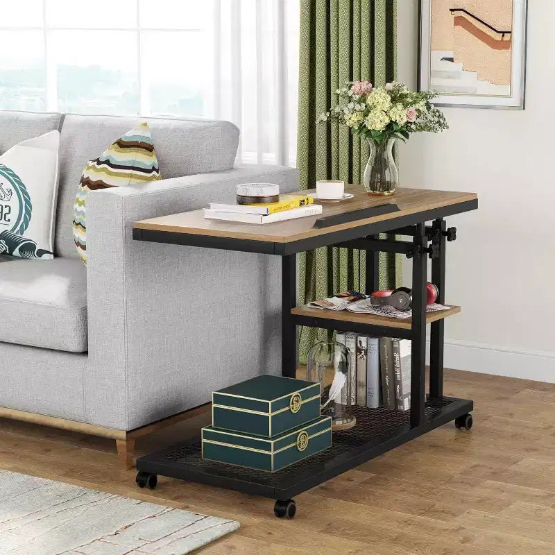 Tribesigns Height Adjustable End Table, C-Type Side Table with Wheels