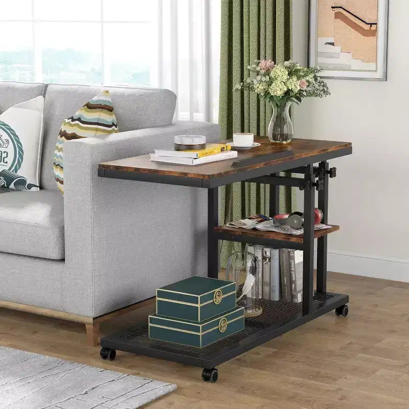 Tribesigns Height Adjustable End Table, C-Type Side Table with Wheels